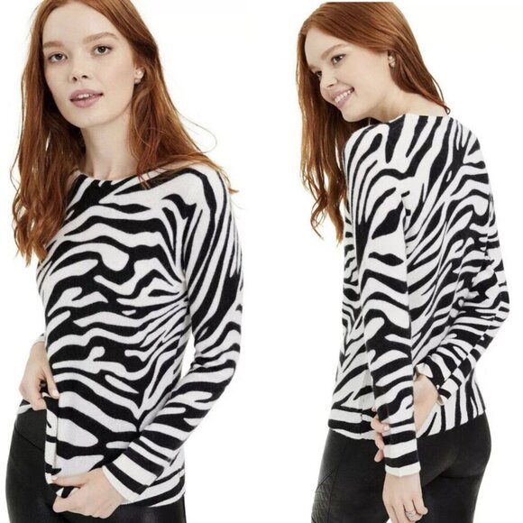 Charter Club Luxury Cashmere Black Zebra Print Crewneck Sweater 47179 - Picture 1 of 14